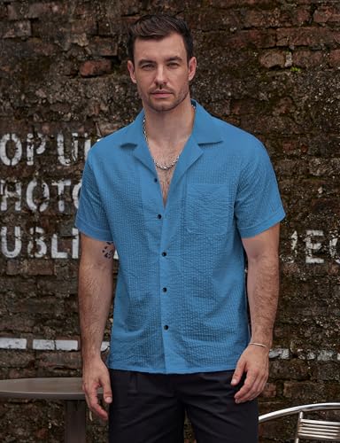 Image of VATPAVE Mens Striped Summer Shirt Casual Button Down Short Sleeve Beach Shirts Cotton Shirts for Men