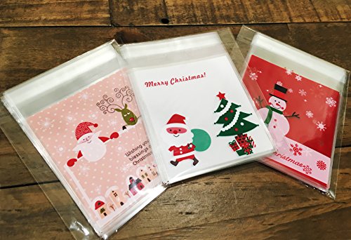 Christmas Santa Clause Snowman, Wreath Plastic Cellophane Cookie Treat Bags Self-Adhesive,75 Counts 3 Different #TOP6