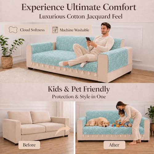 Image of STITCHNEST 'Verdant Phool Stories' 2 Seater Sofa Cover | Full Coverage with Armrest Pockets | Elegant Jacquard Fabric, Decorative Tassels, Washable & Durable for Modern Living