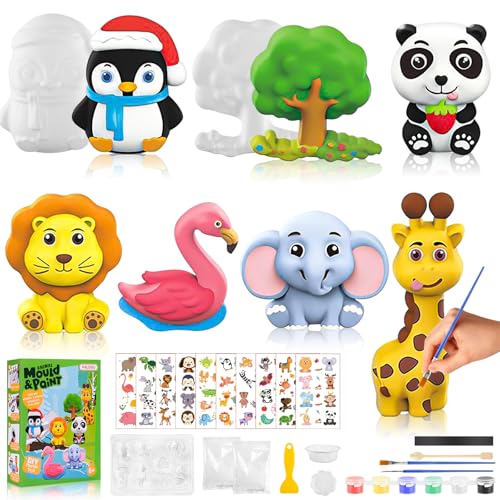 WuGU Set di gesso per animali, figure in gesso da dipingere per bambini, set da pittura in gesso, set da pittura fai da te, con 7 motivi, animali per versare e dipingere, regali per ragazze 6 7 8 9