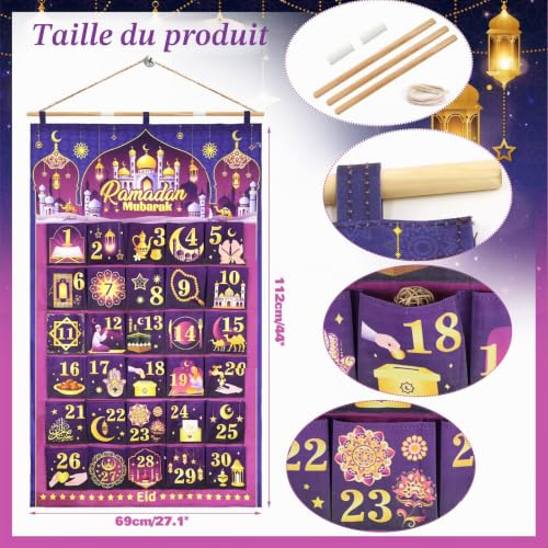 DPKOW Tissu Calendrier Ramadan à Remplir Soit Meme, Vide Bricolage Calendrier de l'Avent Ramadan avec Poches pour Decoration Ramadan Calendrier Cadeau, Or Violet – vue 2