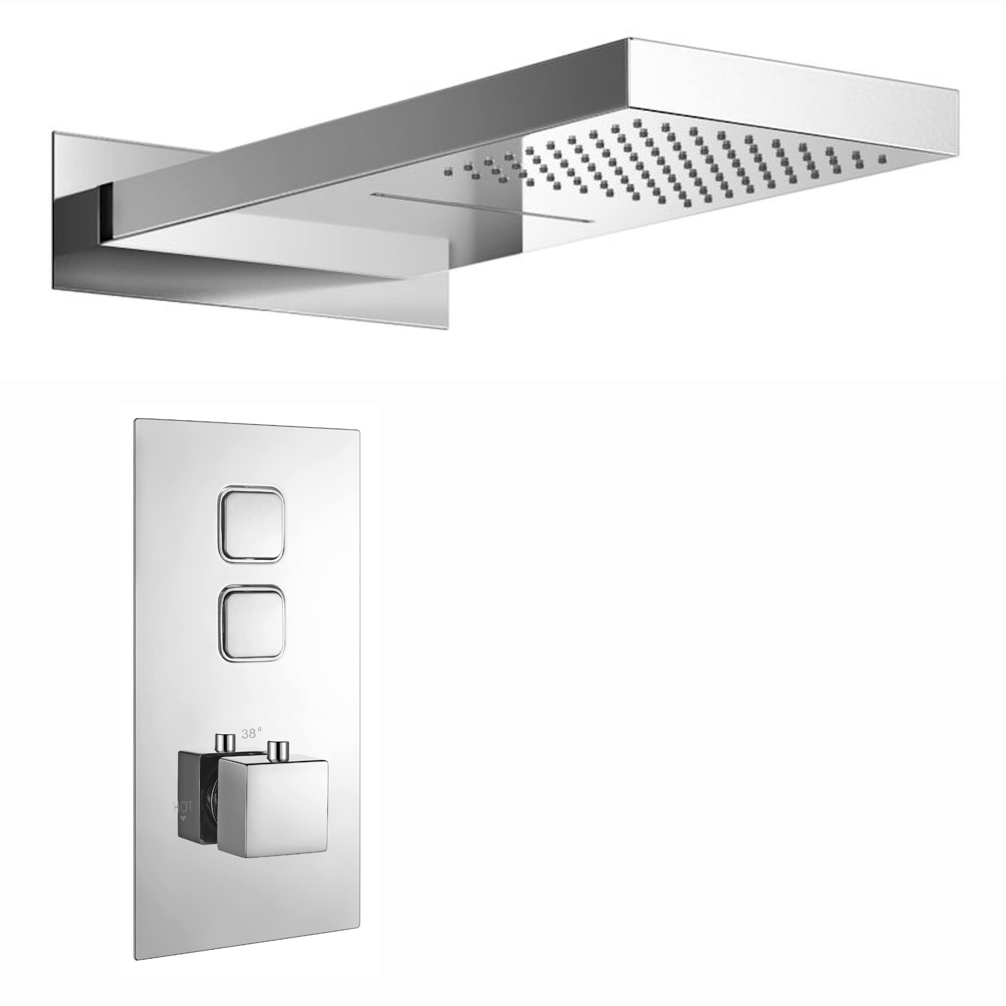 Enki Chrome Spello, Sh0019, Square Thermostatic Concealed Shower Set, Dual Rainfall And Waterfall Overhead Shower,