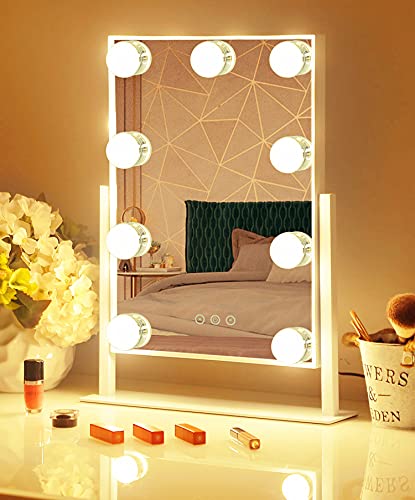 Lights Vanity Mirror, 14.5" L x 12" W LED Makeup Mirror with 9 LED Lights,3 Modes Light Modes&Touch Control Dimmable Tabletop Makeup Mirror,Detachable 10X Magnification,360°Rotation (White)