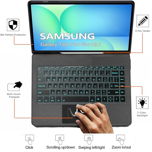Image of for Samsung Galaxy Tab S10 FE+ Plus Keyboard Case 13.1 inch, S Pen Holder, 7 Color Backlit Keyboard with Trackpad Detachable Sleeve Cover with Adjustable Viewing Angle Stand for Tablet S10 FE +