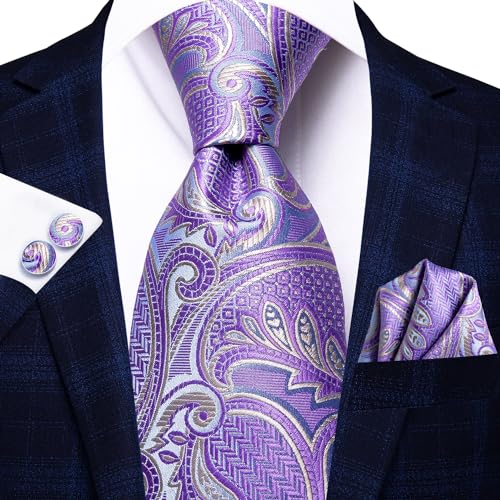 Image of Hi-Tie Men 63inches Tie Set Extra Long Necktie Paisley Tie Pocket Suqare Cufflinks Big and Tall Men Tie