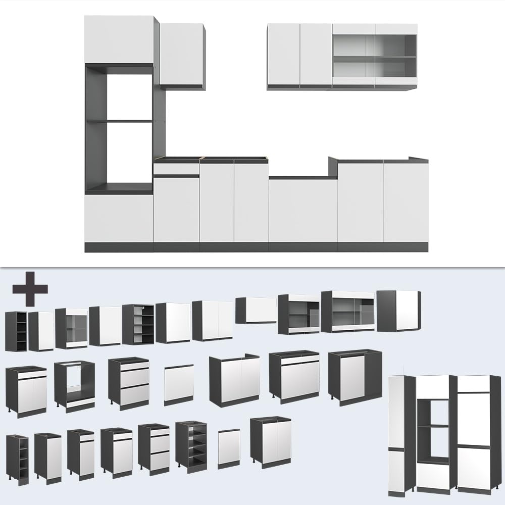 Vicco Mueble de Cocina R-Line, Blanco, 300 cm J-Shape con Armario Alto, ET Antracita, Apto para combinación y ampliación Individual