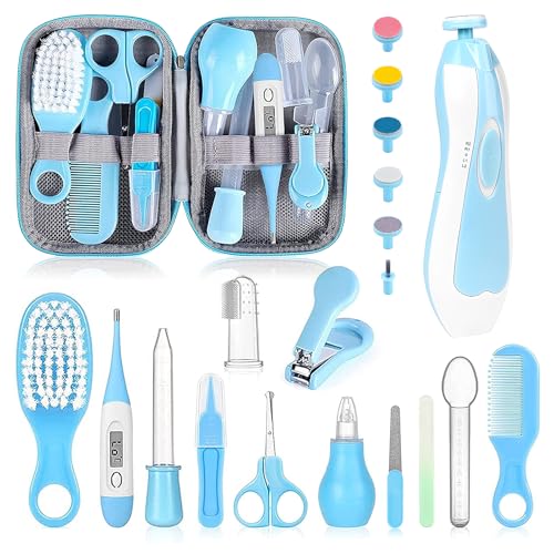 Image of Baby Grooming Kit, Infant Safety Care Set with Hair Brush Comb Nail Clipper Nasal Aspirator,Baby Essentials Kit for Newborn Girls Boys (Blue-20 in 1)