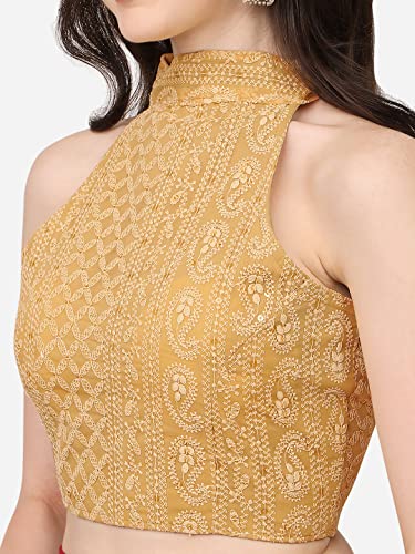 Image of Pujia Mills Women's Halter Neck Chickenkari Work Readymade Saree Blouse