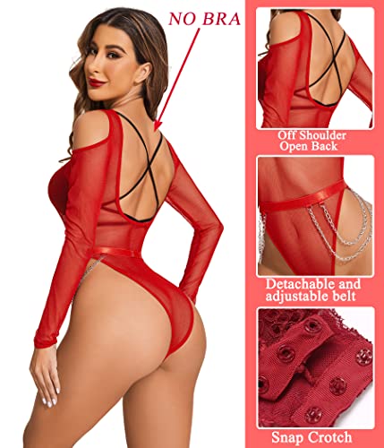 Avidlove Bodysuit for Women Mesh Tops Cold Shoulder Long Sleeve Shirts Waist Chains Snap Crotch Teddy Lingerie - Image 3