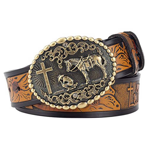 Western Cowboy Belt Norse Viking Horse Head Belt Punk Rodeo Horse Engraved Flower Western Belt,Reddish Brown b,100CM/39.4''