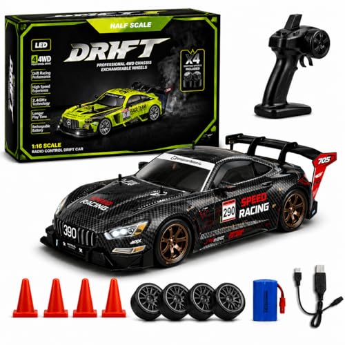 Image of 1:16 or 1 16 RC Drift Car, 2.4GHz Remote Control Racing Car, 4WD High Speed with LED Lights, Proportional Throttle, Extra Drift Wheels for Kids (Black & Grey)