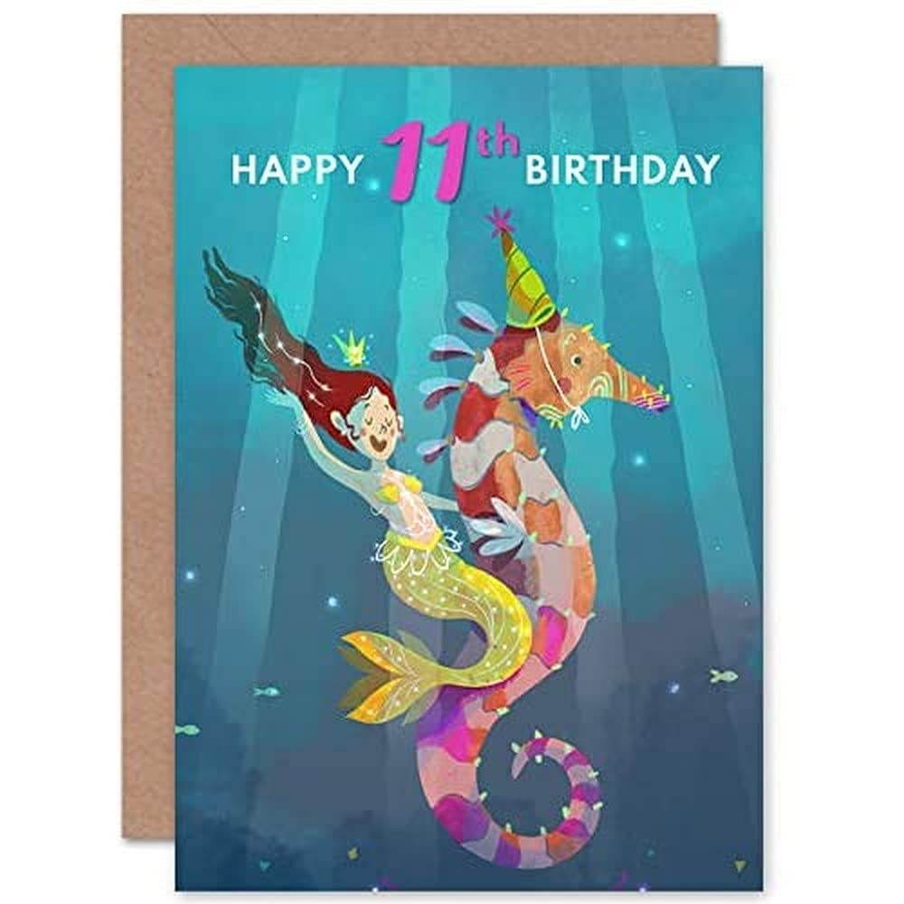 Wee Blue Coo Mermaid Seahorse Birthday 11th Greetings Card