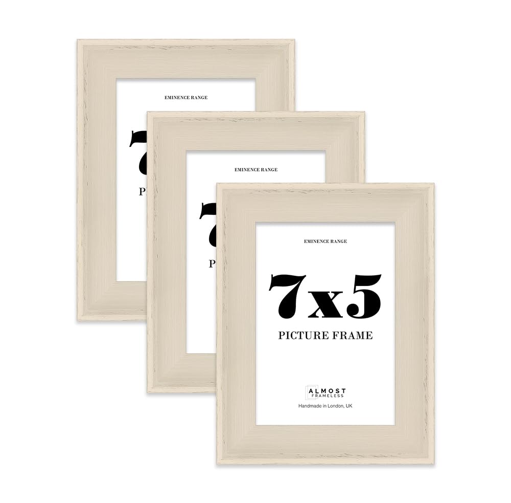 7x5" Cream Picture Frame - Rustic Wood Industrial Effect Photo Frame for Wall Display, Ideal for Posters, Prints & Home Décor, Wall Hooks and Kickstand, 32mm Edge - 3 Pack