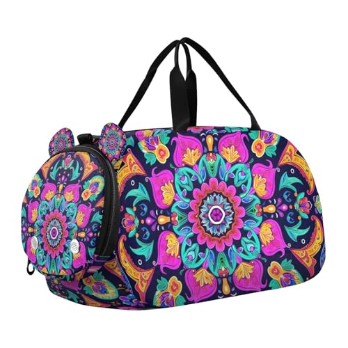 YETTASBIN Sport Travel Duffel Bag for Girls Boys, Mandala Large Waterproof Weekender Overnight Bag, Detachable Shoulder Strap Gym Bag with Shoe Compartment & Wet Pocket
