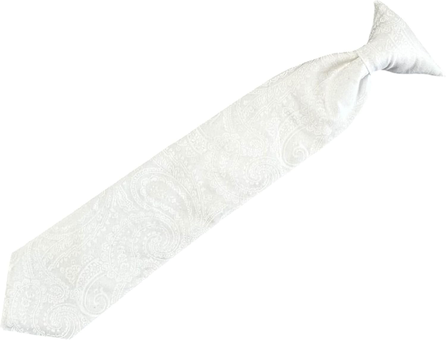 Boys Necktie Clip-On White Paisley Cotton for Communion, Christening and Baptism