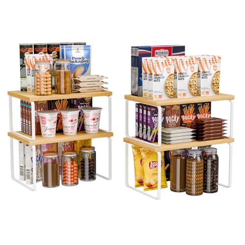 Ekisemio-Kitchen-Cabinet-Organizer-Bamboo-Spice-Rack-Organizer-for-Cabinet-Stackable-Expandable-Counter-Shelves-Set-of-4-White-and-Natural Ekisemio Kitchen Cabinet Organizer, Bamboo Spice Rack Organizer for Cabinet, Stackable & Expandable Counter Shelves, Set of 4, White and Natural - Image 1