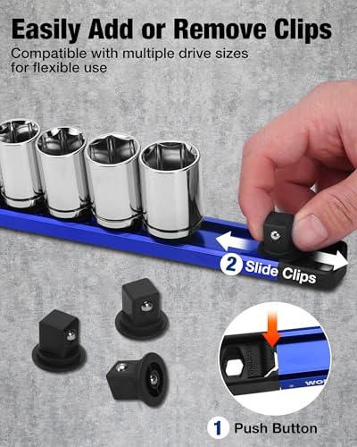 Image of WORKPRO Magnetic Socket Organizer, 1 /2 inch Drive Aluminum Alloy Socket Holder with 10PC Removable Socket Clips for Quick Customization, Socket Rail for Tool Box Drawer (Sockets Not Included)