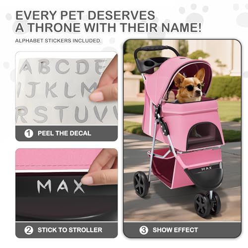 Image of MoNiBloom 3-Wheels Foldable Pet Stroller with Waterproof Cover, Pet Strolling Cart for Small /Medium Dogs and Cats with Storage Basket and Cup Holder, Breathable and Visible Mesh for All-Season, Pink