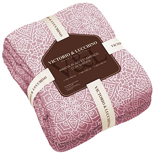 Victorio & Lucchino Manta Plaid Beverly Estampada con Borreguito Sherpa - Manta Suave para el Sofa o para Cama (VL-80513 Rosa, 130x160 Cm)