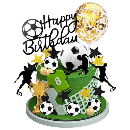 28 peças decoração para bolos de futebol CHUNLINLAODA-Topper bolo futebol decoração ornamentos de bolos de futebol decoração de aniversário com tema de futebol para meninos homens (preto)