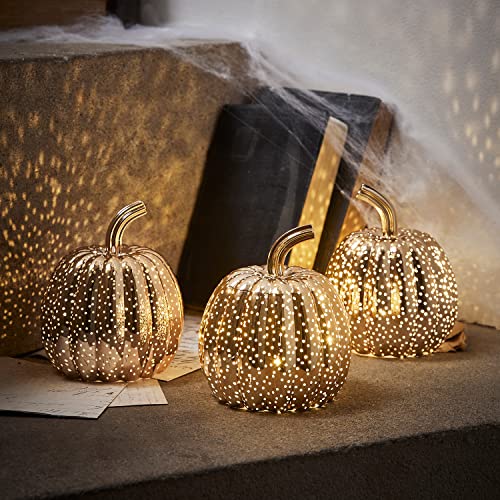 Lights4fun 3er-Set Glas-Kürbisse | Warmweiße LEDs | Batteriebetrieb & Timer | Leuchtende Herbst Deko Halloween Windlicht Tischdeko… – Ansicht 5