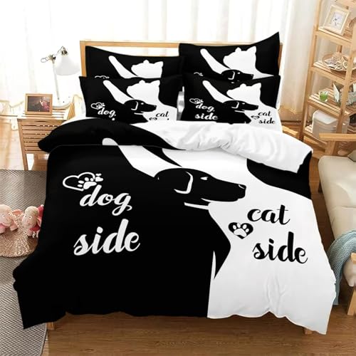AOXHFNV Parure de lit pour couple avec housse de couette Noir et blanc Motif Dog Side and Cat Side...