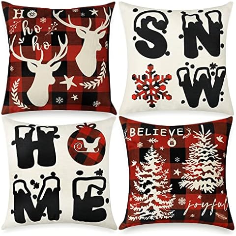 Christmas Pillow Covers 18x18 Set of 4 for Christmas Decor Buffalo Plaid Farmhouse Pillows Cases Decorative Throw Pillows Covers Cushion Cover Home Decoration Cover