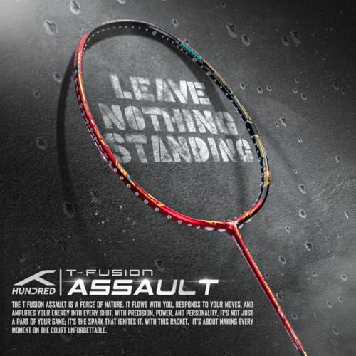 Image of Hundred T-Fusion Assault Badminton Racket with Full Cover | ≤32 lbs | Performance Racket | Sturdy Frame & Smooth Swing | Offensive Shots & Fast Game