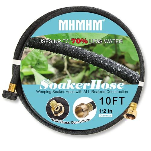 MHMHM 1/2' Soaker Hose for Garden Drip Hose Irrigation System with Solid Brass Fitting for Lawns Flower Beds & Vegetable Gardens (10FT)