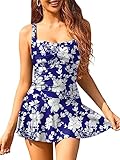 MOLYBELL Women's Ruched One Piece Swimsuits Plus Size Athletic Swimdress Tummy Control Crossover Retro Bathing Suit Skirted Tankini Monokini Size 16-18 (Blue Flower, X-Large)