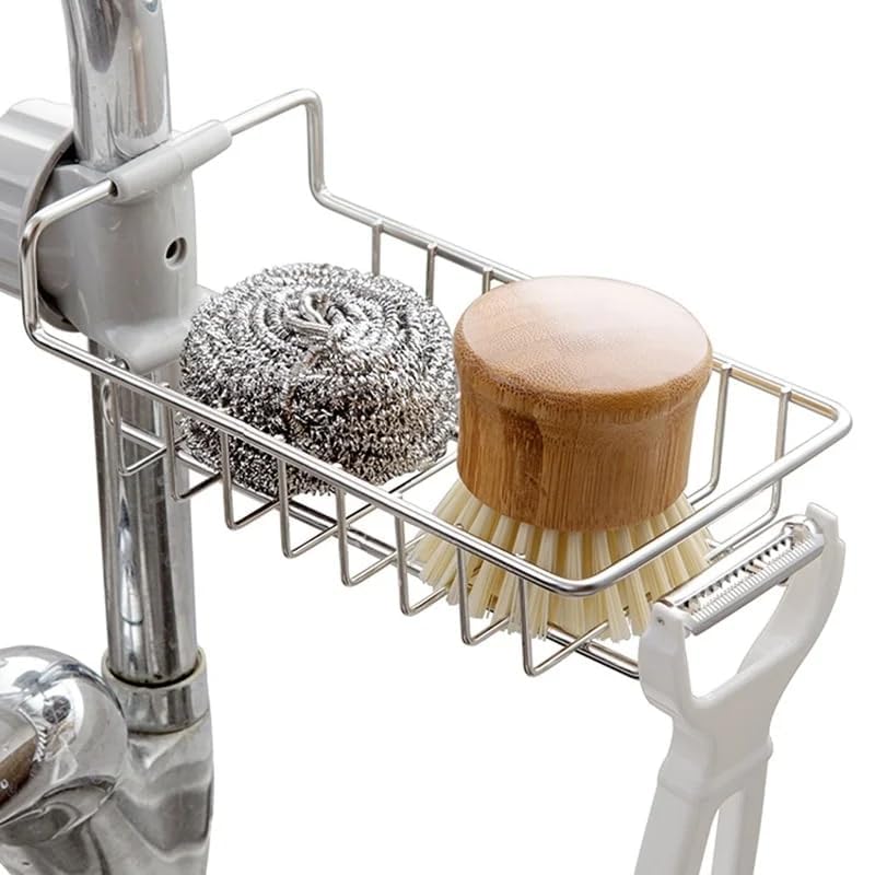 Kitchen Sink Faucet Sponge Holder Caddy Organizer, Stainless Steel Dish Heavy Duty Hanging Drain Rack for scrubbers, soap, Bathroom, Detachable no Suction Cup Bathroom