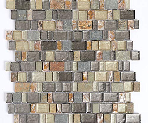 Mosaïque en verre, marbre et nacre - vert, gris et marron - modèle Karma - Idéal pour les cuisines, salles de bains et espaces de vie Cover