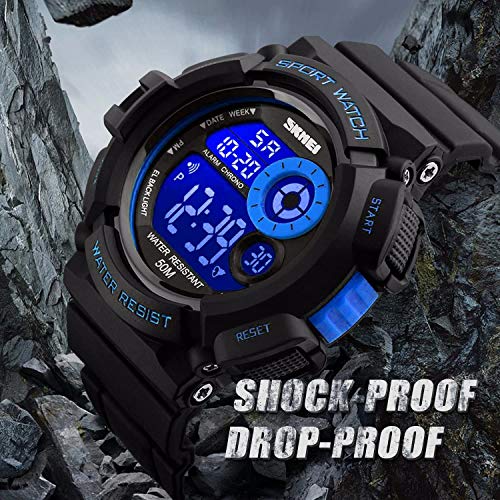 LYMFHCH Mens Sport Running Watch, Digital Electronic 50M Waterproof Military Army Sports LED Wristwatch Water Resistant with Stopwatch Unique Dial 7 Color Changeable Backlight - Blue - Image 7