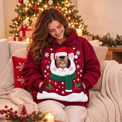 Christmas Cat Carrier Hoodie Women Men Y2K Unisex Sweat Shirts with Pocket - image 2