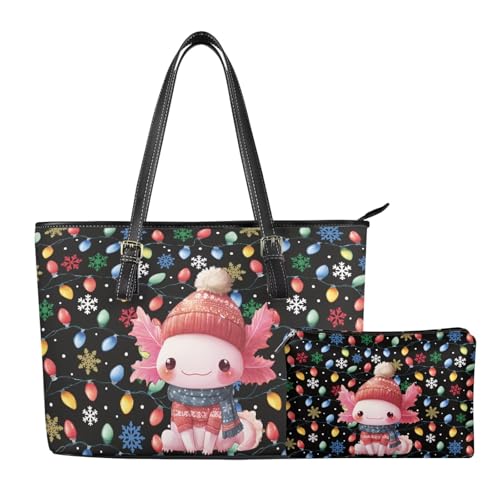 Christmas Tote Bag for Women Purse Bags PU Leather Shoulder Makeup Clutch Bag for Ladies 2 Piece