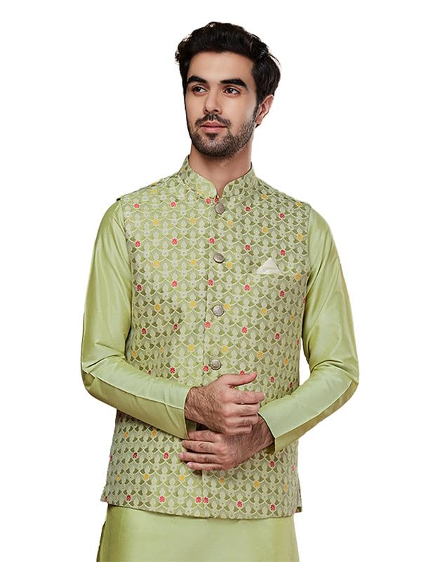 kisah Men's Jacket, Green Silk Blend, Woven Design Regular Fit Mandarin Collar Sleeveless-picture-55