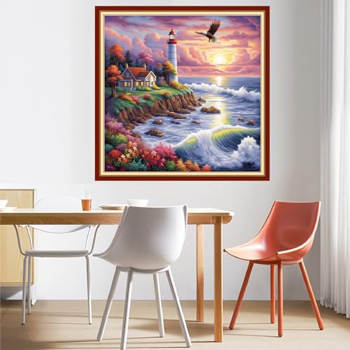 Image of DMCVIVR Stamped Cross Stitch Kits for Beginners Adults Needlepoint Kits for Beginners Embroidery Kits for Adults Crossstitch Kit for Beginners 11CT-Seaside Lighthouse 18x18 inchs