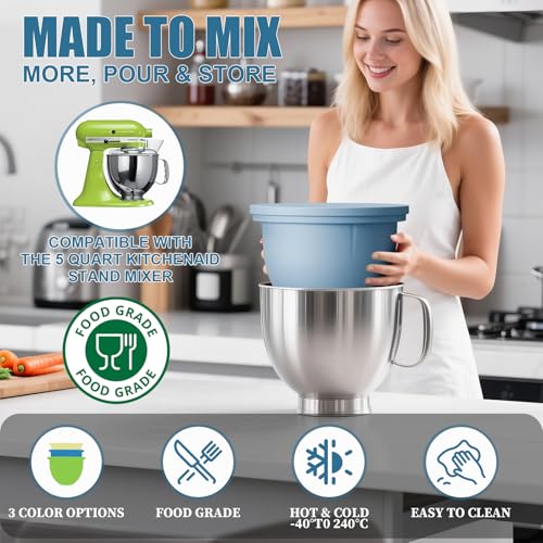 Image of GuanQiao Silicone Bowl Liners for 5 Qt KitchenAid Mixers, 3 Liners with Lids, Blue /Beige /Green