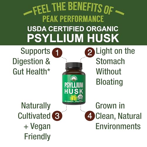 Image of Peak Performance USDA Organic Psyllium Husk Vegan Capsules Made with Seed - Fiber Supplement for Gut - Digestive Prebiotics - for Digestion and Roughage Without Bloating - Vegan, Gluten-Free Pills