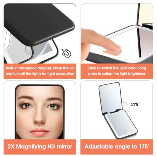 Image of MAYCREATE LED Travel Makeup Mirror, 2X Magnifying Pocket Mirror USB Charging Folding Mirror, Small Portable Wallet Mirror with 3 Colors Brightness Adjustable for Women Gifts
