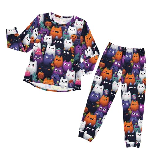 Cute Cats and Pumpkins Soft Pajama Set for All Seasons,Breathable Pjs Long Sleeve Sleepwear,Comfy Loungewear 2 Piece Underwear Set 4T