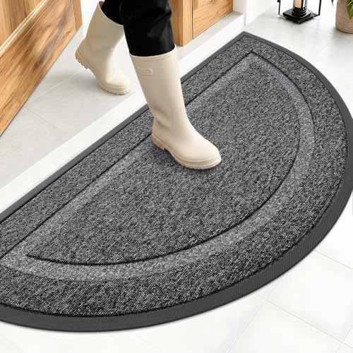 Image of OLANLY Half Circle Door Mat Indoor Outdoor Entrance Welcome, Waterproof All-Season, All-Weather Doormat, Sturdy Natural Rubber, Easy Clean Patio Porch Entryway Mat, 47x23, Black and White