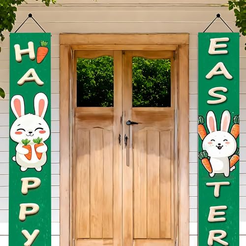 Image of Cute Green Happy Easter Banner Bunny Carrot Easter Door Decor Porch Sign Easter Decorations for Home Outside 11.81x70.87 Inch
