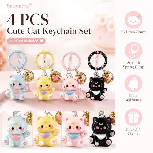Image of Satmarhz 4 Pcs cute key chain for girls, Cartoon Cat Sakura Ball key charm, Smooth Alloy Bag Pendant for Handbags Backpacks Car Keys Daily Decor Gift