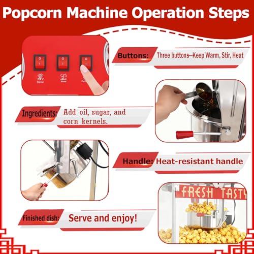 Image of Commercial Popcorn Machine With 32 OZ Kettle- Countertop Popcorn Machine for Theater Style, Stainless Steel, 3-Switch Control, for Business, School, Corporate,Institutional, Movie, Home use, Red