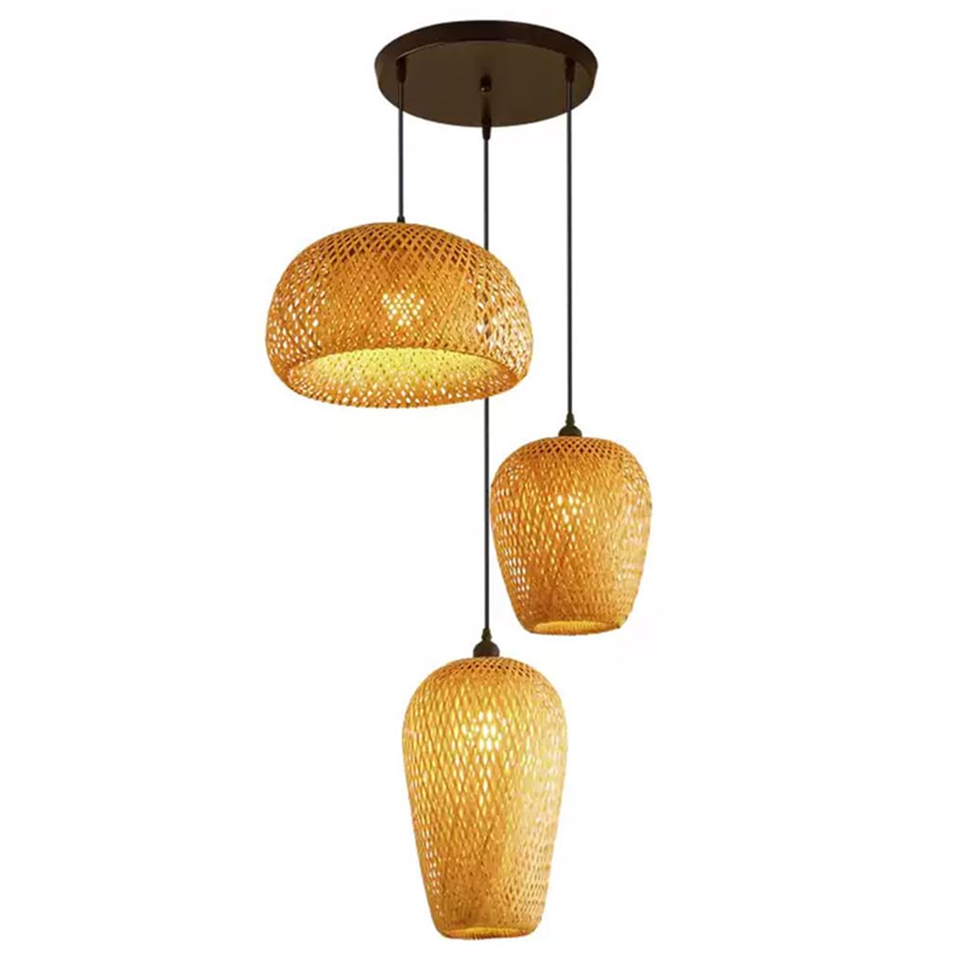 SHUANGZ Restaurant Zen Syle Chandelier Bamboo Weaving 3 Headlight Fixtures Boho Loft Ceiling Hanging Lamp Southeast Asia Style Rattan Cage Fixtures for Cafe, Restaurant, Cafe, Master Bedroom Decor