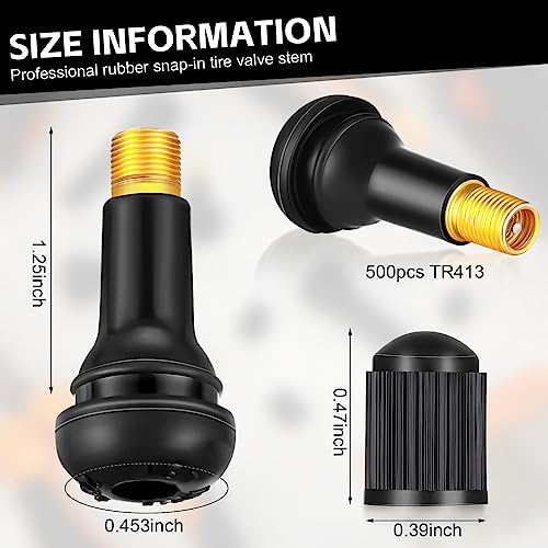Image of Tallew 500 Pieces TR413 Tire Valve Stems, Rubber Snap-in Tubeless, Black