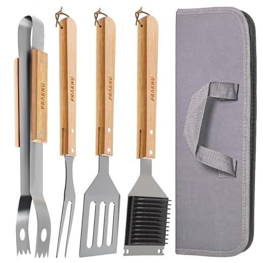 Praknu Set di Utensili da Barbecue in Acciaio e Legno - 4 pezzi - Resistente al calore e antiruggine - Con pratica borsa per il trasporto
