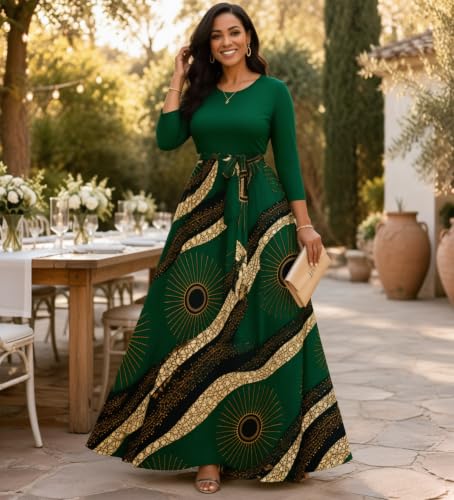 Image of Plus Size Maxi Dress for Women V Neck 3 /4 Sleeve Wrap Dress