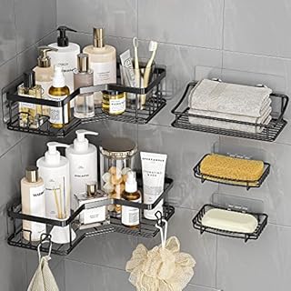 MAXIFFE Corner Shower Caddy, 5-Pack Shower Caddy, Large Capacity Stainless Steel Bathroom Shower Organizer Shower Shelves with 8 Hooks, No Drilling & Rustproof, Shower Shelf for Inside Shower, Black
